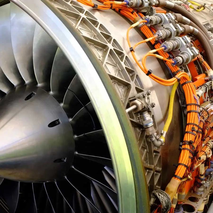 An open jet engine with the electronic components visible