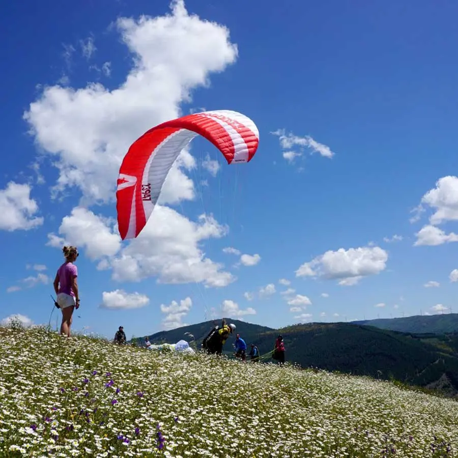 Red-grey paraglider starts