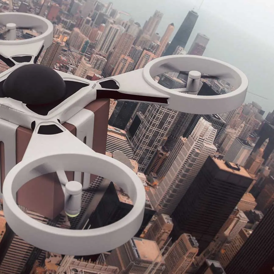 Dronenrotor über Stadt