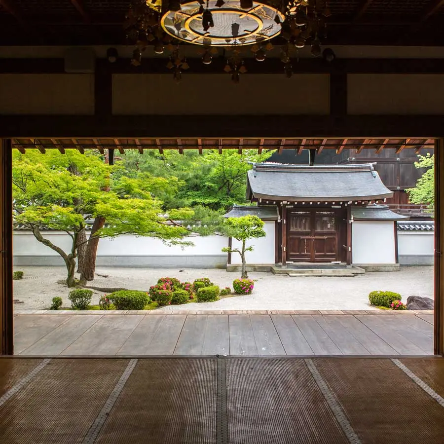 Zen garden seen through a temple door