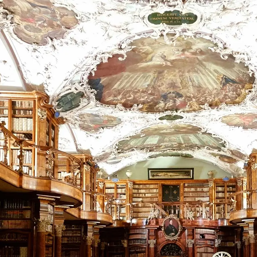 Bookshelves and ceiling of the baroque library