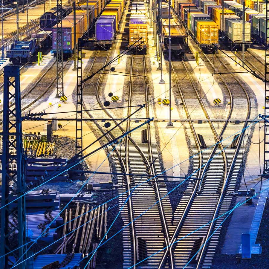 Tracks branching out onto a shunting yard 