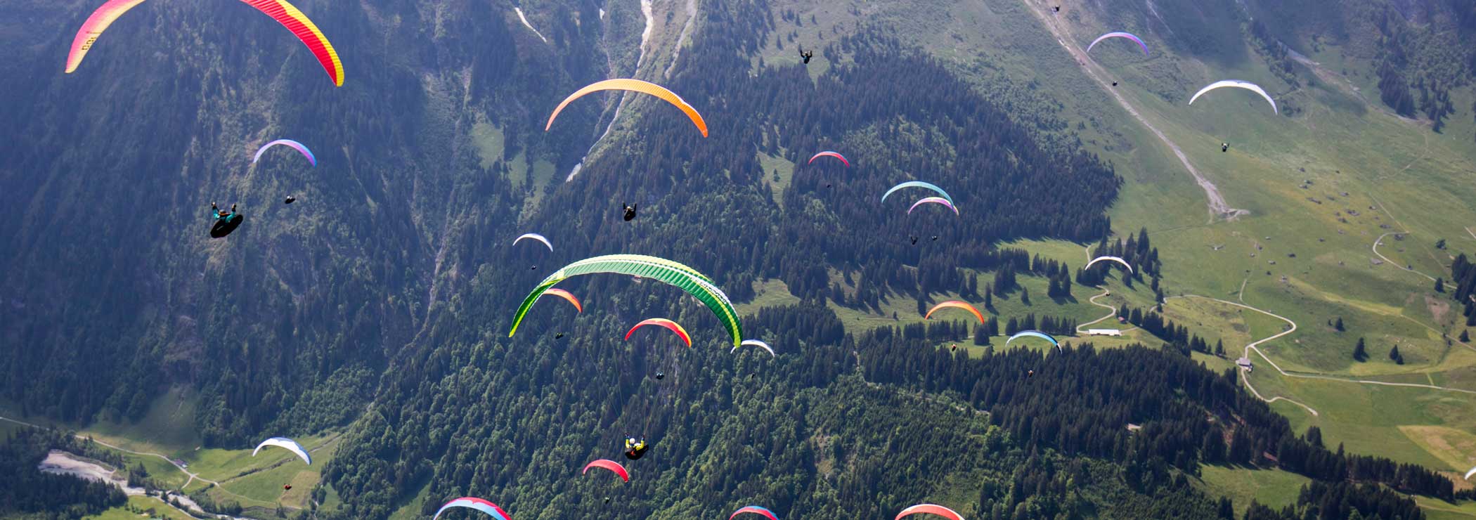 Gleitschirme im Anflug auf ein gemeinsames Ziel