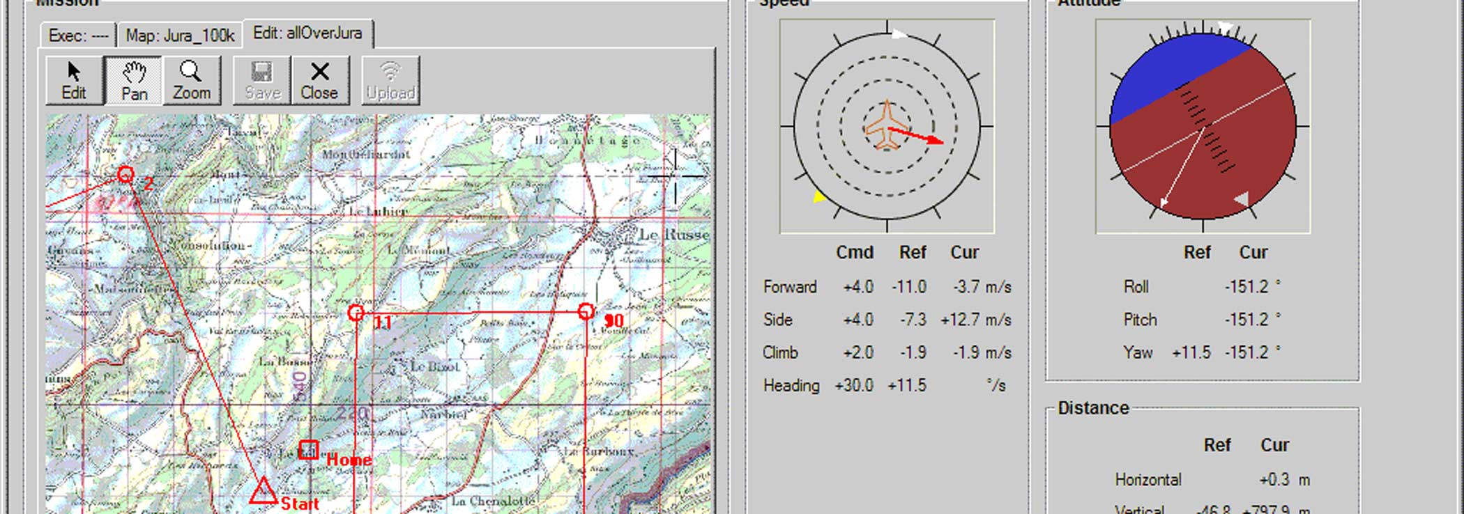 Ground control station screen with map and flight instruments